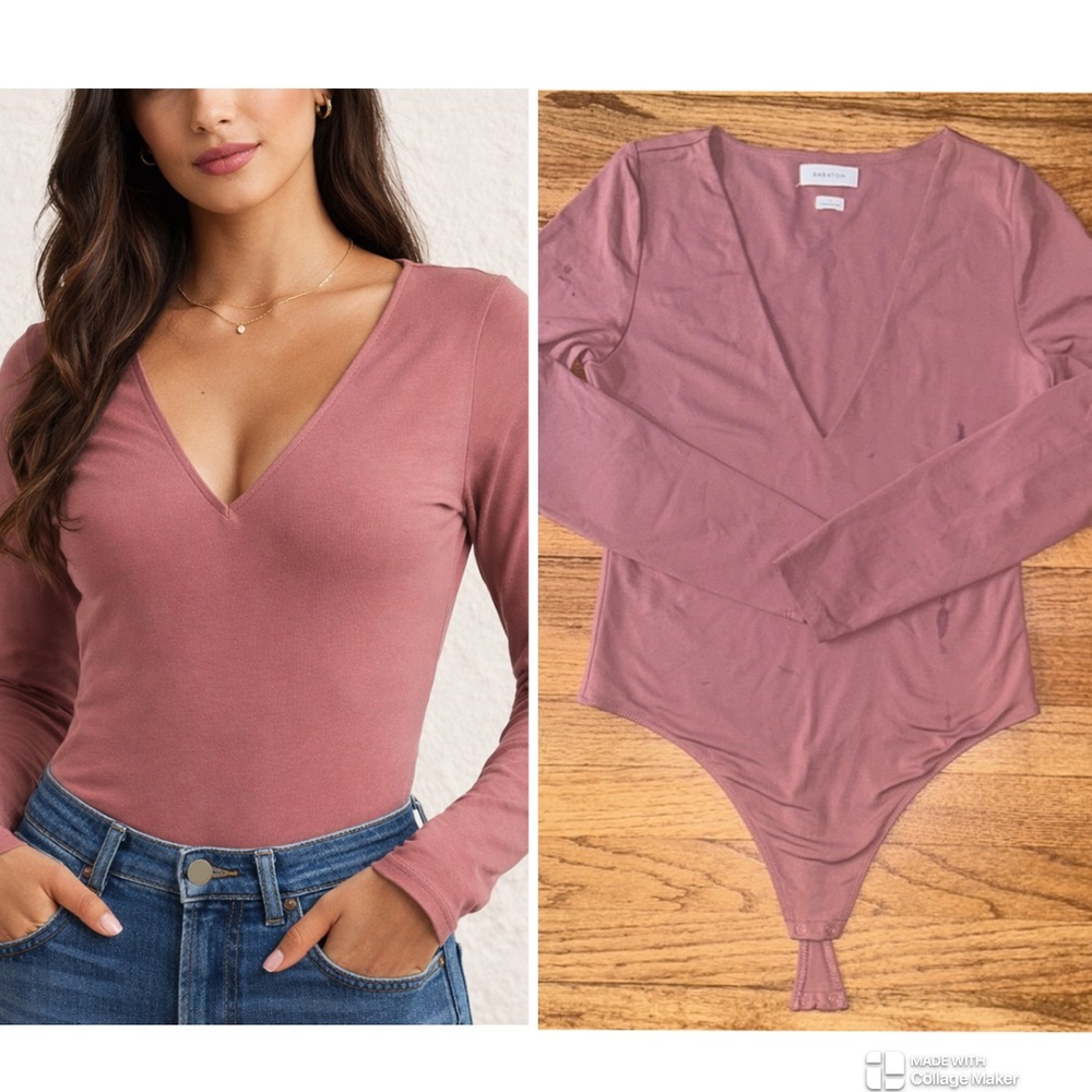 Babaton Aritzia Contour V-Neck Long Sleeve Bodysuit - Pink 🌷